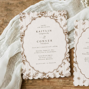 Vintage Oval Brown & Cream French Floral Wedding Invitation