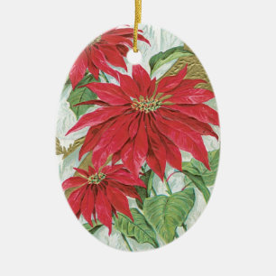 Vintage Oval Poinsettia Ceramic Tree Decoration