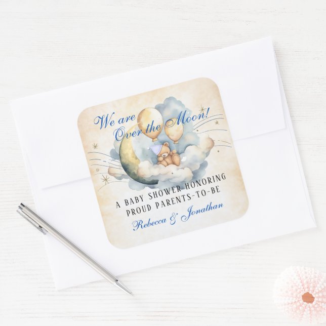 Vintage Over the Moon Baby Shower Square Sticker (Envelope)