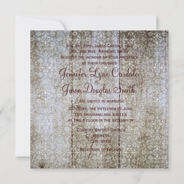 Vintage Overlay Distressed Wood Wedding Invitation (Front)