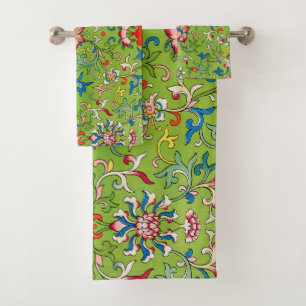 Vintage Owen Jones Chinese Ornament Green Floral Bath Towel Set