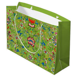 Vintage Owen Jones Chinese Ornament Green Floral Large Gift Bag