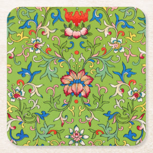 Vintage Owen Jones Chinese Ornament Green Floral Square Paper Coaster