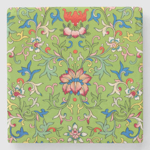 Vintage Owen Jones Chinese Ornament Green Floral Stone Coaster