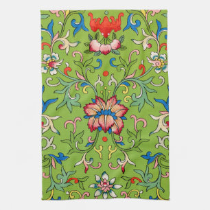 Vintage Owen Jones Chinese Ornament Green Floral Tea Towel