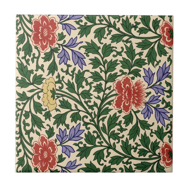Vintage Owen Jones Chinoiserie Peony Pattern Tile (Front)