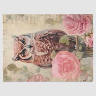 Vintage Owl and Pink Roses Decoupage Tissue Paper