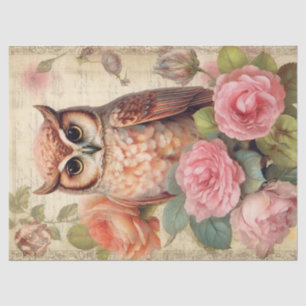 Vintage Owl and Pink Roses Decoupage Tissue Paper