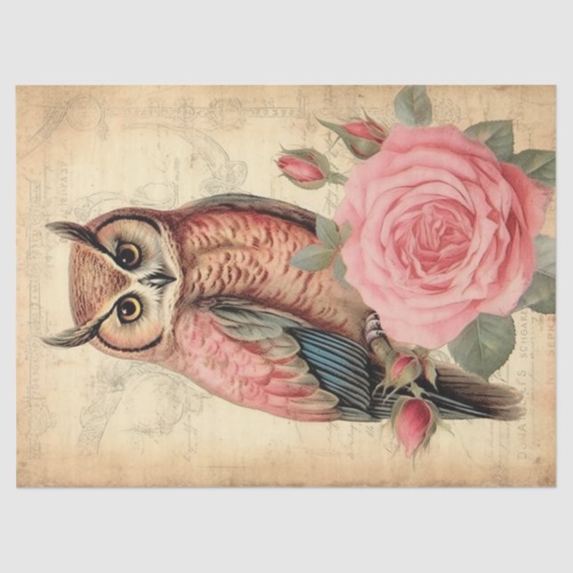 Vintage Owl and Pink Roses Decoupage Tissue Paper (Front)
