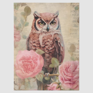 Vintage Owl and Pink Roses Decoupage Tissue Paper