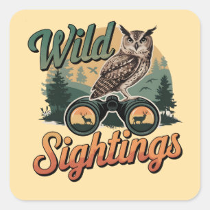 Vintage Owl & Binoculars Forest Scene Square Sticker