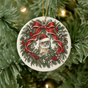 Vintage Owl Christmas Wreath Ceramic Tree Decoration