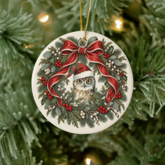 Vintage Owl Christmas Wreath Ceramic Tree Decoration