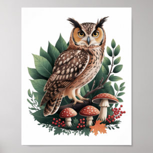 Vintage Owl Cottagecore Aesthetic Mushroom Sticker Poster
