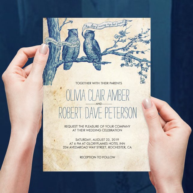 Vintage Owl Couple in Tree Wedding Invites (Creator Uploaded)