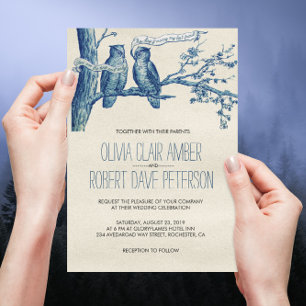 Vintage Owl Couple in Tree Wedding Invites