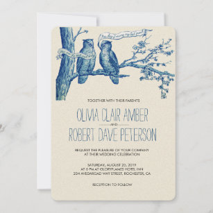 Vintage Owl Couple in Tree Wedding Invites