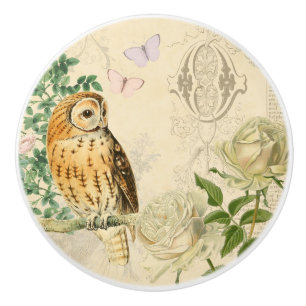 Vintage owl floral ceramic knob w/ beautiful rose