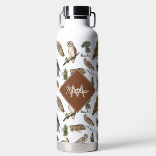 Vintage Owl Forest Pattern Monogram Water Bottle