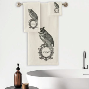 Vintage Owl Monogram Ivory Black Bath Towel Set