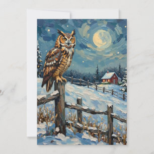 Vintage Owl on Fence Over Frozen Christmas Field Holiday Card