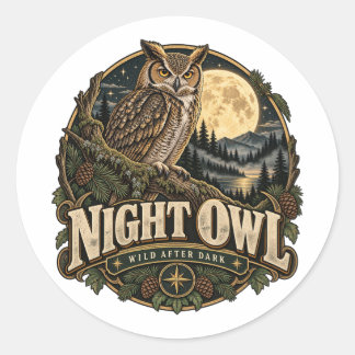 Vintage Owl Under Full Moon Classic Round Sticker