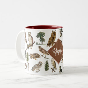 Vintage Owl Watercolor Forest Pattern Monogram Two-Tone Coffee Mug