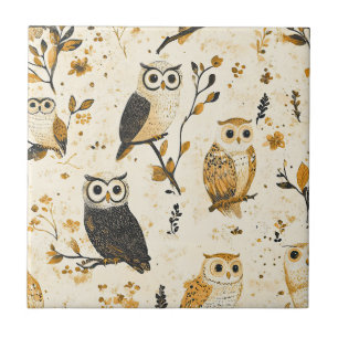 Vintage Owls & Floral Botanical Pattern (2) Tile