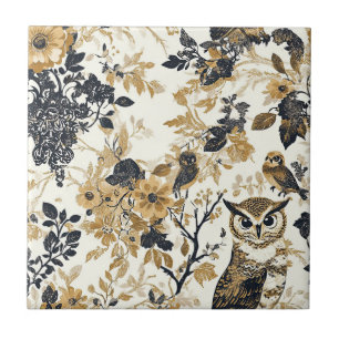 Vintage Owls & Floral Botanical Pattern (7) Tile