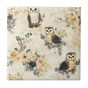 Vintage Owls & Floral Botanical Pattern (8) Tile