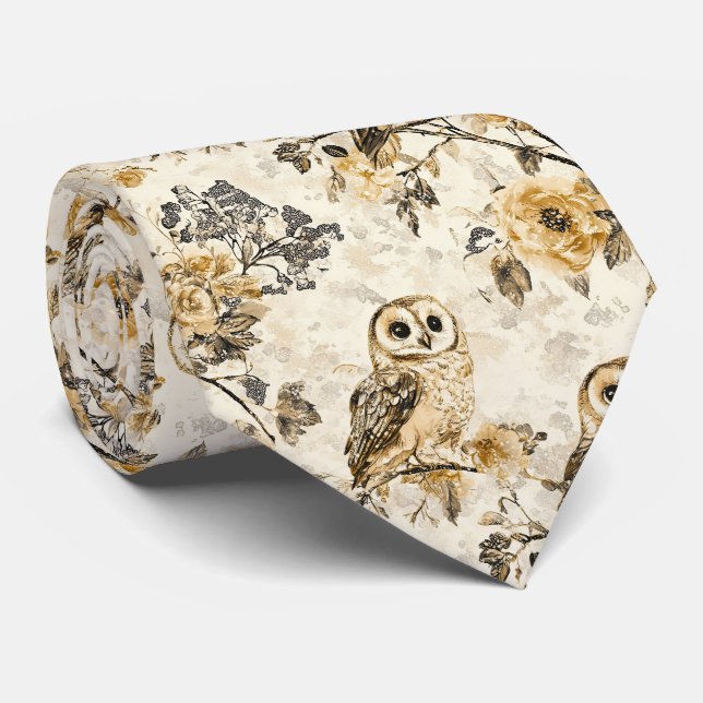Vintage Owls & Floral Botanical Pattern (9) Tie (Rolled)