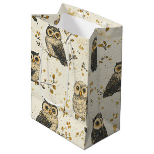 Vintage Owls & Floral Botanical Pattern Medium Gift Bag