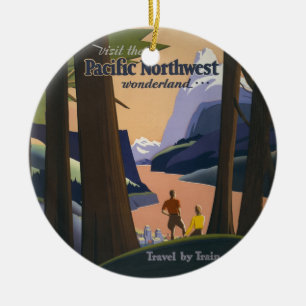 Vintage Pacific Northwest Travel Poster 1925 Train Ceramic Tree Decoration