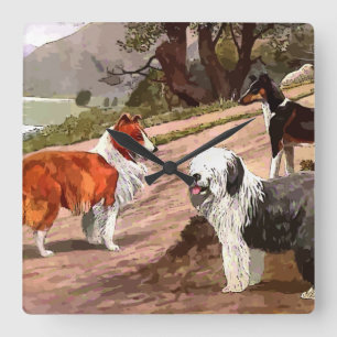Vintage Painted Collies Square Wall Clock