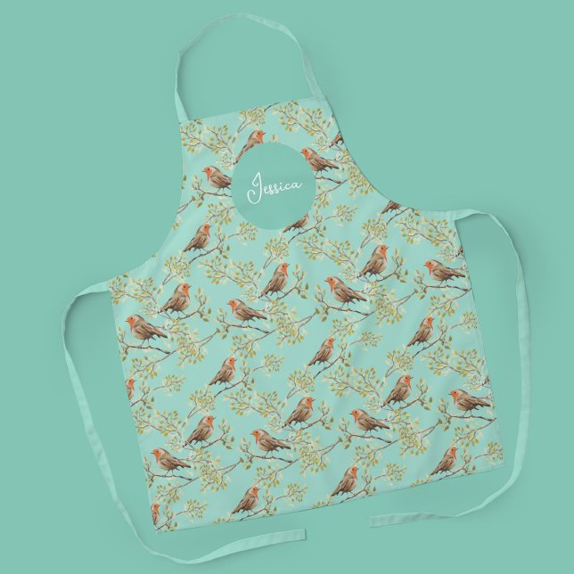 Vintage Painted European Robin Bird Pattern Apron (Painted European robin Pattern with Name Apron)