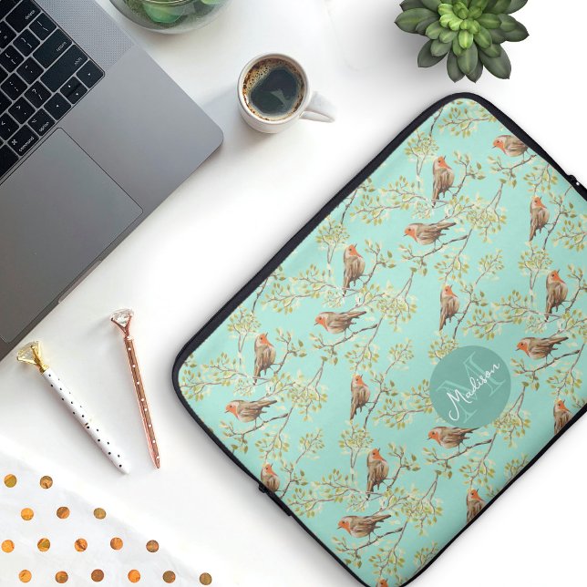 Vintage Painted European Robin Bird Pattern Laptop Sleeve (Vintage European Red Robin Bird Pattern & Monogram Laptop Case (add your name and initial))