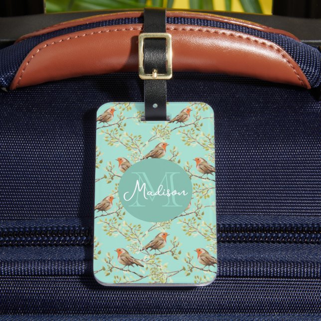 Vintage Painted European Robin Bird Pattern Luggage Tag (Front Insitu 2)