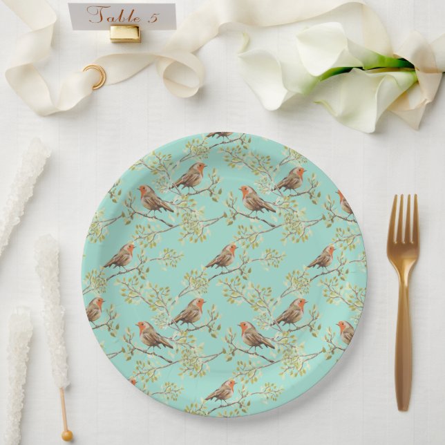 Vintage Painted European Robin Bird Pattern Paper Plate (Wedding)