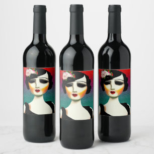 Vintage Painted Flapper Woman Wine Label