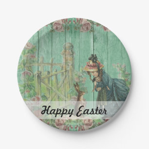 Vintage Painted Rustic Easter Rabbit Scene Paper Plate