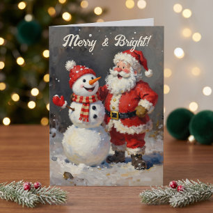 Vintage Painted Santa Snowman Christmas Greeting Card
