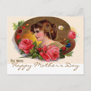 Vintage Painter's Palette And Roses Postcard