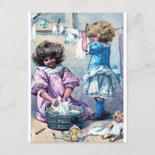 Vintage painting girls washing clothes laundry day postcard