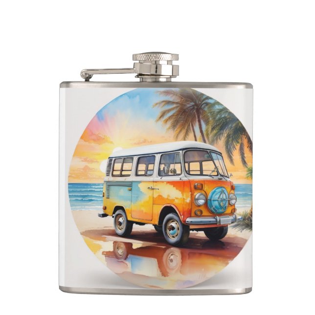 Vintage Painting Minibus on The Beach Hip Flask (Front)