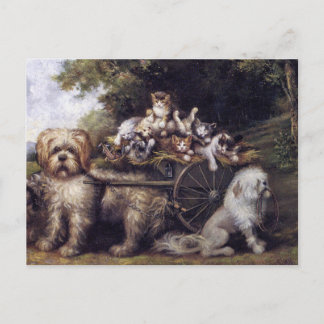 Vintage Painting of Dogs & Cats Touring Provence Postcard