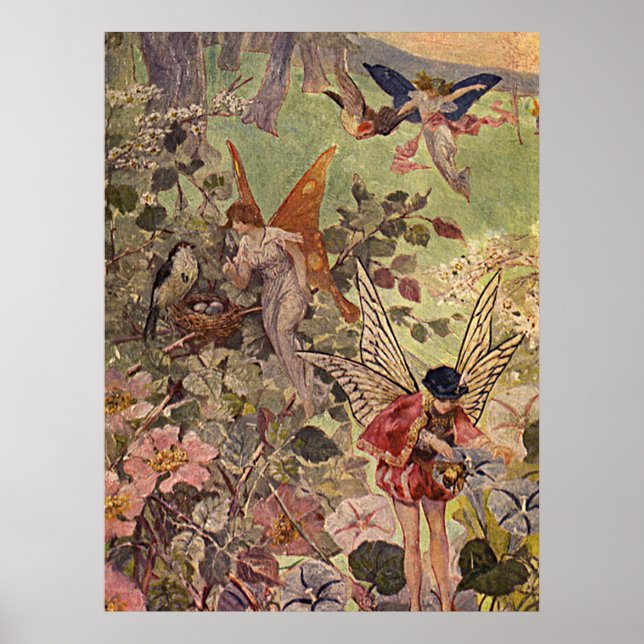 Vintage Painting of Fairies and Flowers Poster (Front)