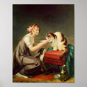 Vintage Painting of Pretty Girl & Cute Fat Cat   Poster