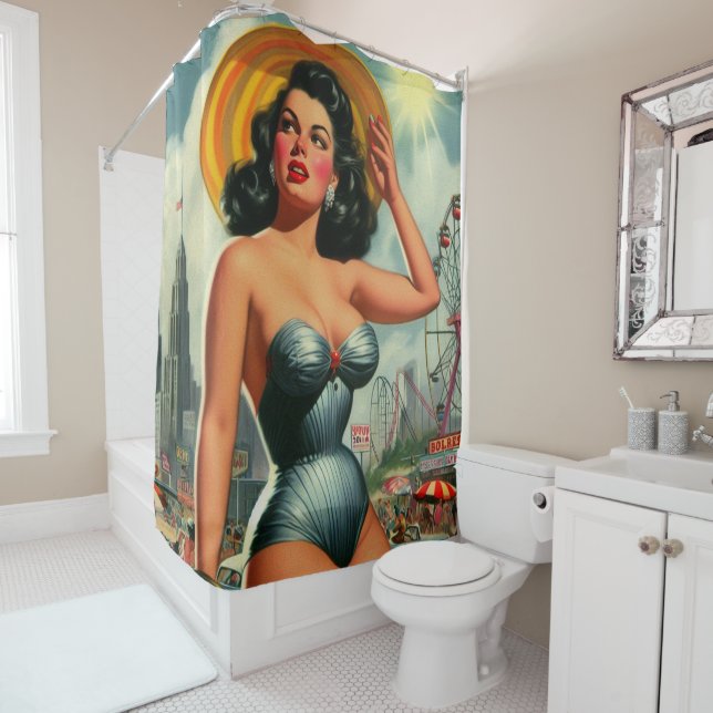 Vintage Painting Pin Up Shower Curtain (In Situ)