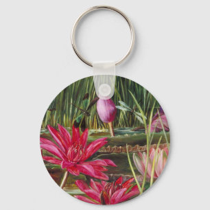 Vintage Painting Pink Blossoms Flowers Key Ring