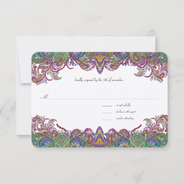 Vintage Paisley Honeysuckle Damask Wedding RSVP Card (Front)